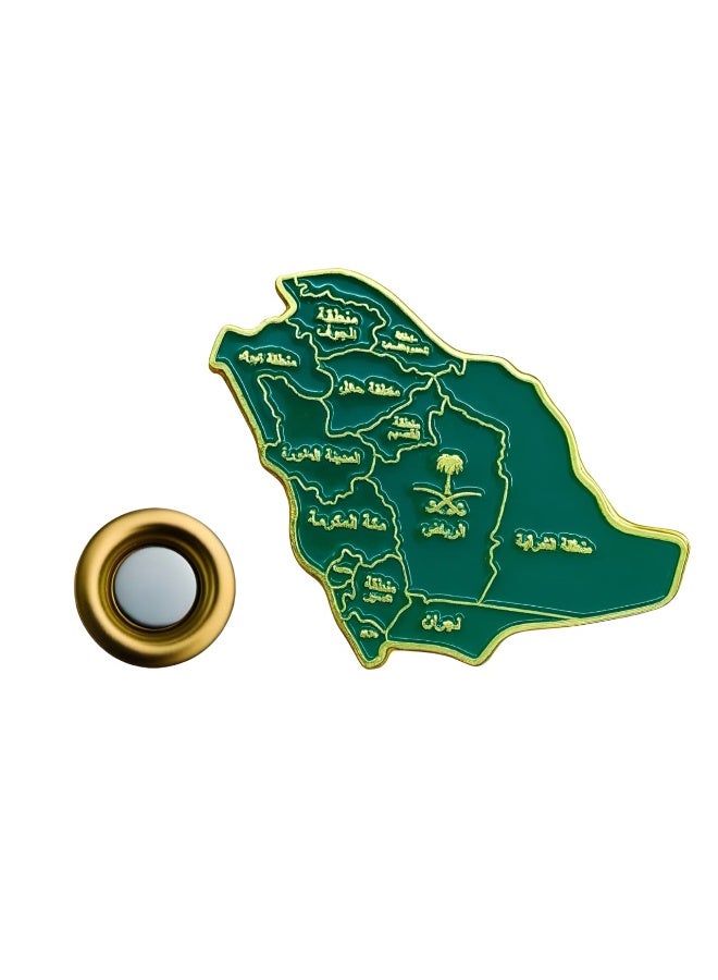 ARAB SOUVENIRS Premium Saudi Arabia Map Brooch Magnet – Green & Gold Metal Pin Featuring Regional Names in Arabic and National Emblem (Palm & Swords) – Elegant Patriotic Accessory for Jackets, Bags, Gifts Souvenir - Image 1